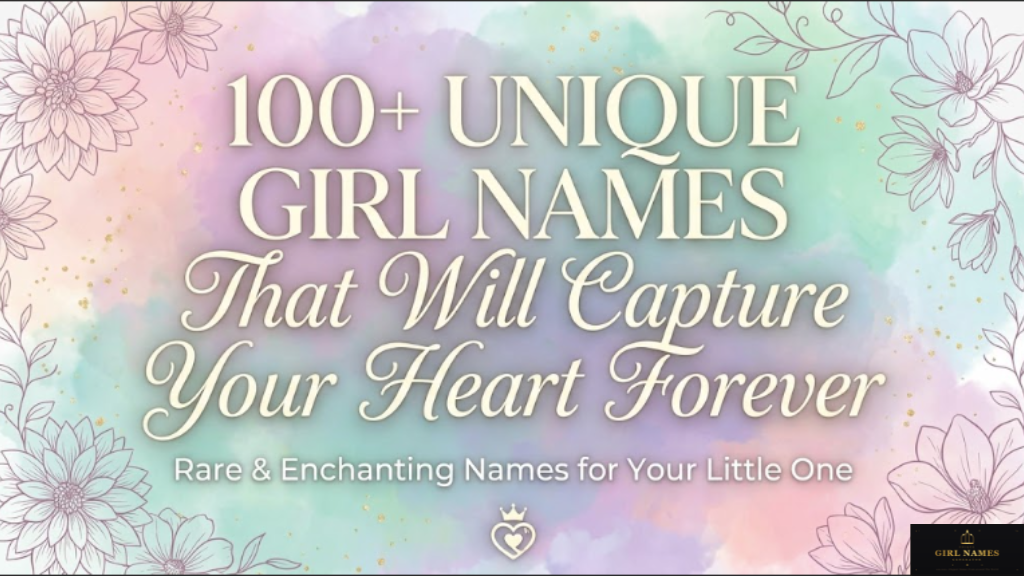 "A collection of unique and rare girl names displayed beautifully on a minimalist nursery background for inspiration."